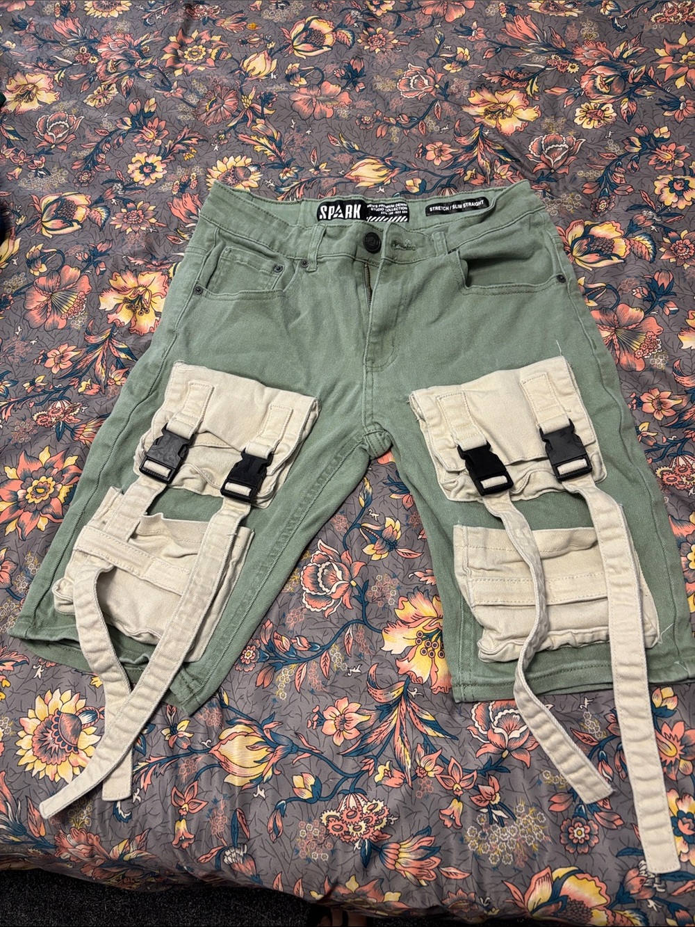 Olive Green Cargo Shorts with Beige Straps